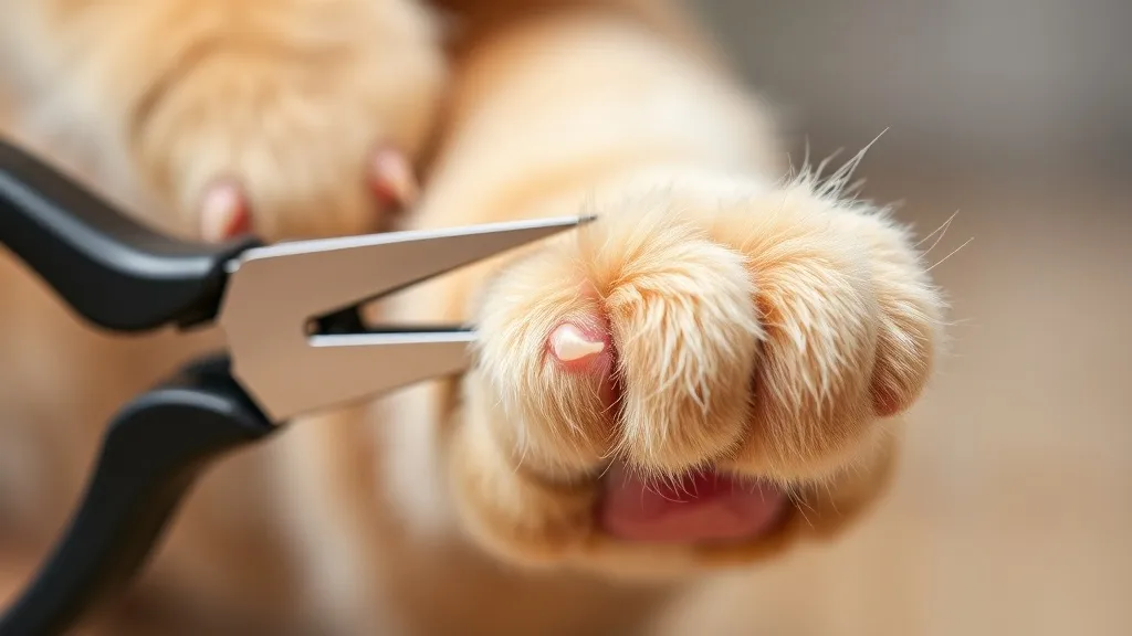Mãos de tutor segurando a pata dianteira de um gato com cortador de unha próximo à garra exposta