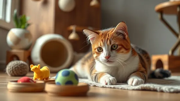 Gato doméstico explorando prateleira elevada próxima à janela de apartamento, com brinquedos ao fundo e arranhador vertical