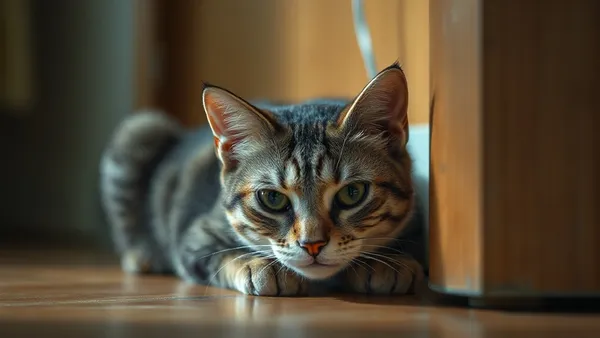 Gato escondido embaixo de móvel com postura tensa, sinalizando estresse felino
