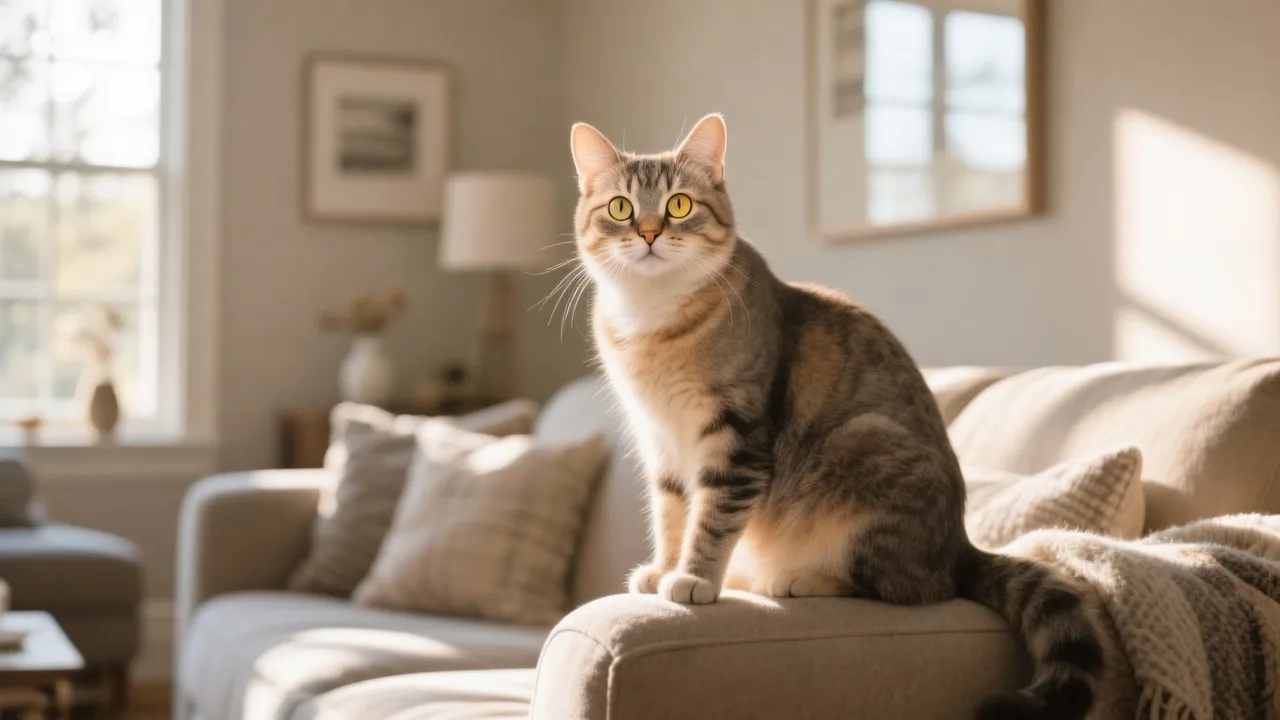 Gata deitada e atenta no sofá da sala