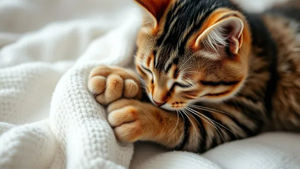 Gato tigrado adulto amassando cobertor com as patas dianteiras, expressão relaxada