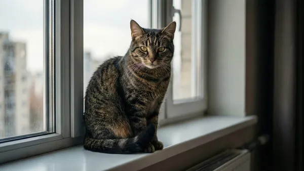 Gato doméstico sentado próximo à janela de um apartamento em andar alto