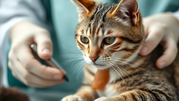 Gato amarelo deitado em mesa de consultório veterinário sendo examinado por veterinária com jaleco branco