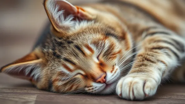 Gato doméstico adulto de pelagem clara enrolado dormindo profundamente em superfície macia, luz natural suave