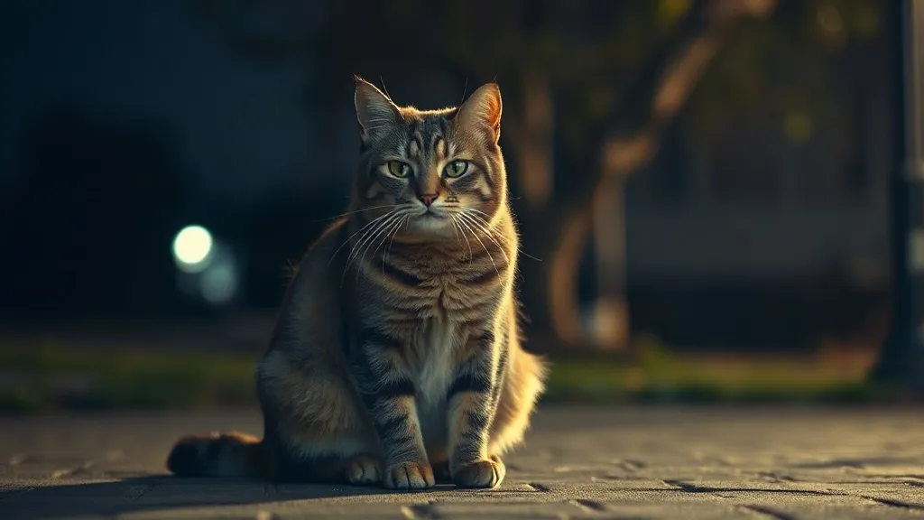 Gato idoso sentado sozinho em um cômodo escuro à noite, olhando para a câmera