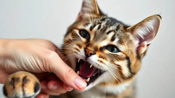 Gato tigrado mordendo de leve a mão de uma pessoa durante o carinho, orelhas voltadas para trás