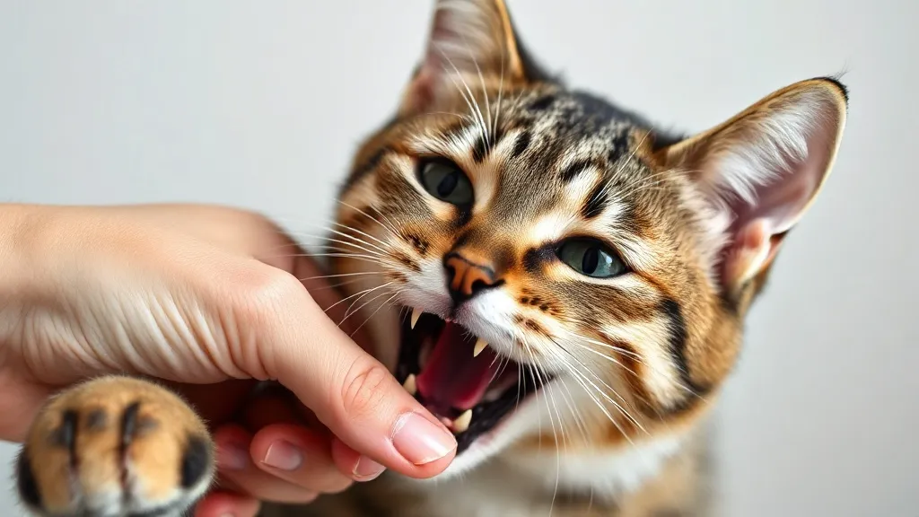 Gato tigrado mordendo de leve a mão de uma pessoa durante o carinho, orelhas voltadas para trás