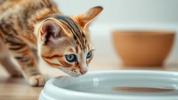 Gato doméstico de pelagem tigrada olhando para uma tigela de água sem beber