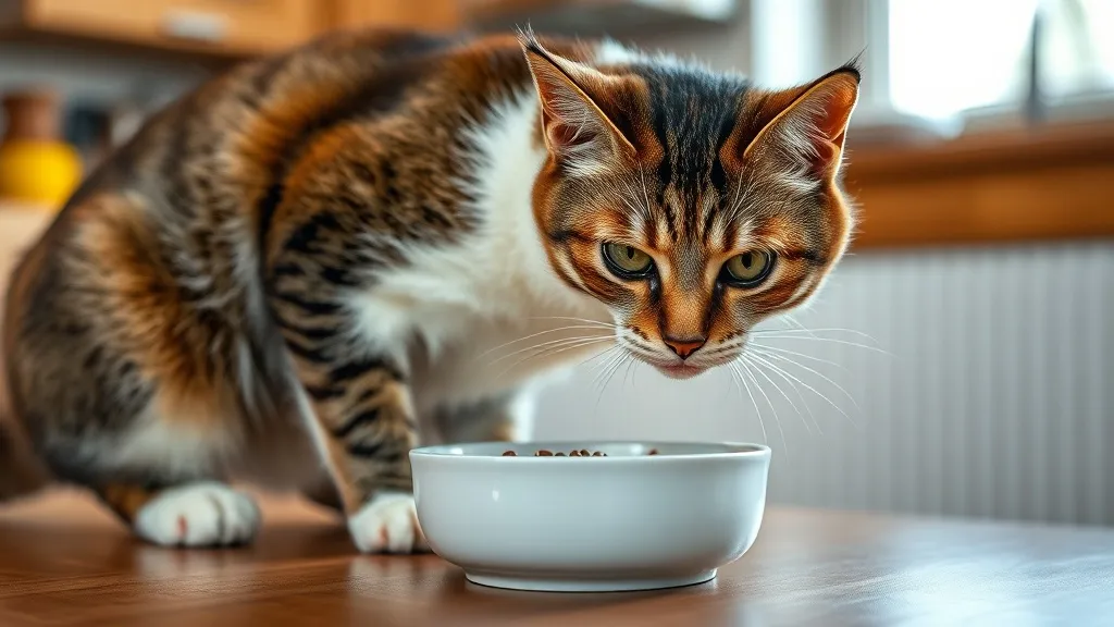 Gato laranja adulto de frente para o pote de ração cheio, com expressão indiferente, em cozinha doméstica