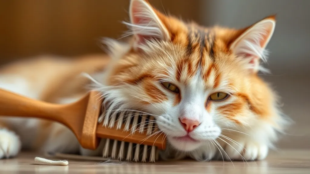 Gato sendo escovado, com tufos de pelo solto na escova durante a troca de pelagem