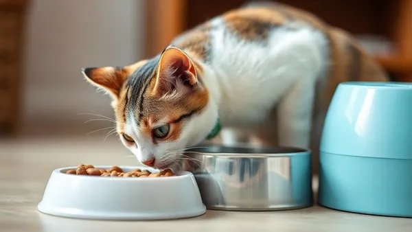 Gato doméstico comendo de uma tigela de ração no chão de uma cozinha