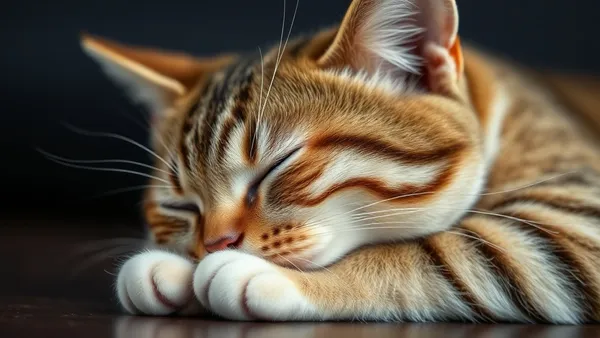 Gato de pelo curto descansando relaxado e ronronando em superfície macia, com olhos semicerrados de contentamento