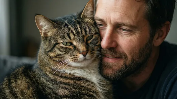 Gato aconchegado no colo do tutor, olhando para cima com atenção