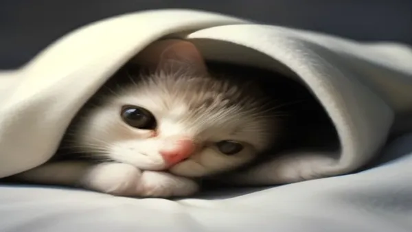 Gato deitado com os olhos semicerrados e postura recolhida, expressão de desconforto