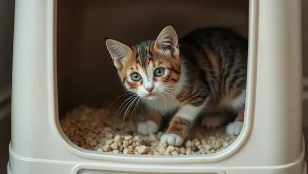 Gato adulto sentado próximo a caixa de areia, olhar atento, ambiente doméstico com luz natural
