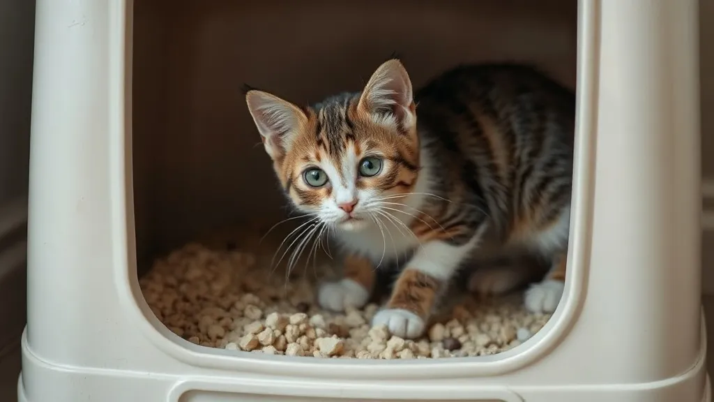 Gato adulto sentado próximo a caixa de areia, olhar atento, ambiente doméstico com luz natural