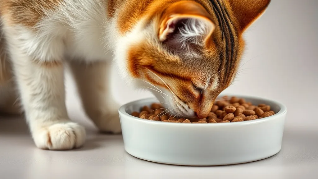 Gato doméstico comendo ração de uma tigela no chão da cozinha