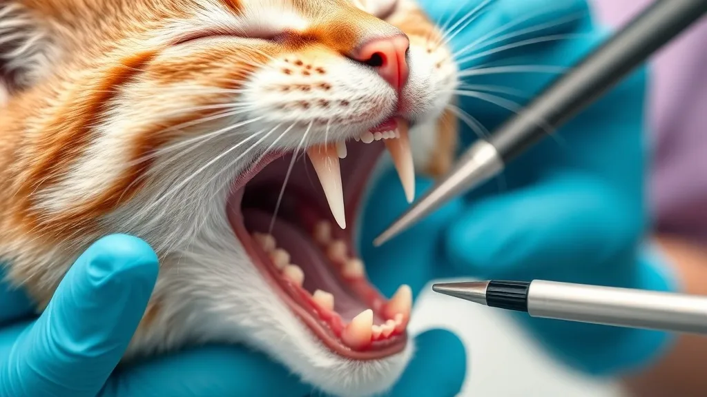 Gato adulto com boca aberta sendo examinado por veterinária, close na gengiva e dentes, ambiente clínico com luz adequada