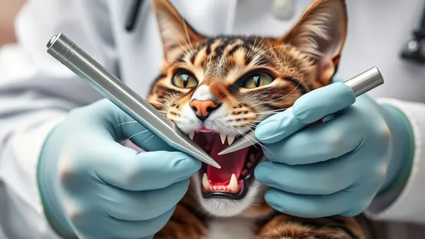 Veterinária examinando a boca de um gato adulto durante consulta odontológica veterinária com boa iluminação