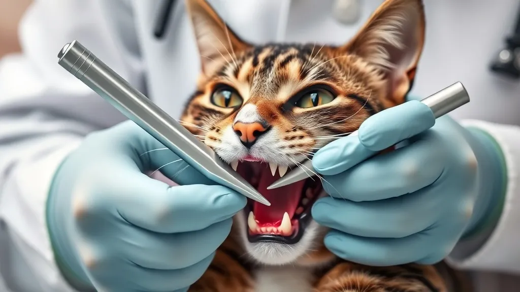 Veterinária examinando a boca de um gato adulto durante consulta odontológica veterinária com boa iluminação