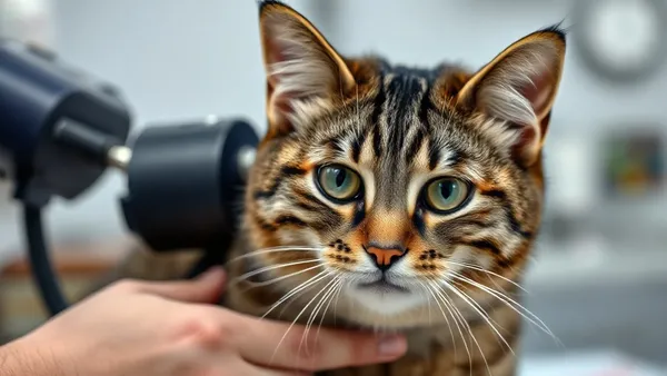 Gato idoso sendo examinado por veterinária com aparelho de medição de pressão arterial, ambiente clínico iluminado