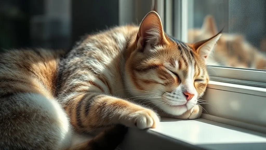 Gato sênior magro deitado próximo de uma janela com luz natural