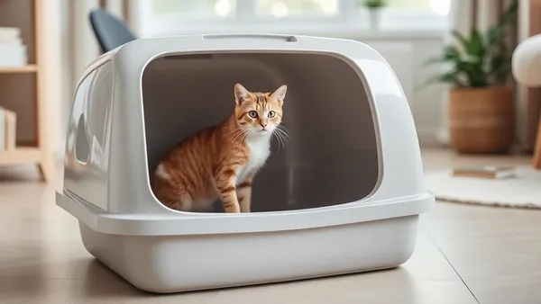 Caixa de areia limpa para gato em sala doméstica clara e bem iluminada