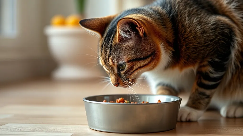 Gato doméstico adulto comendo ração em tigela sobre superfície limpa, ambiente interno com luz natural