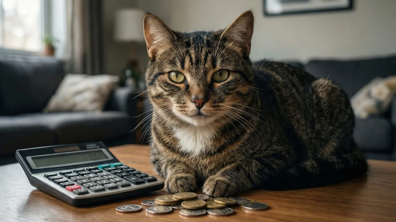 Gato doméstico ao lado de tigela de ração e caixa de areia em ambiente residencial