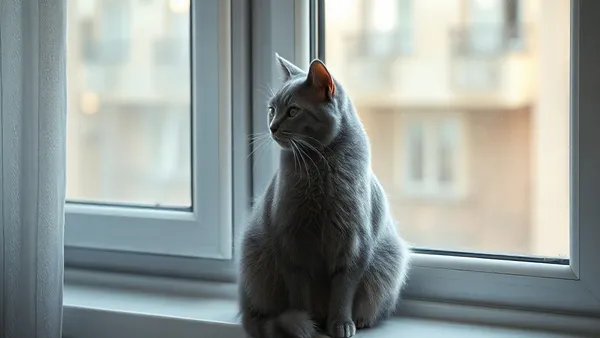 Gato cinza adulto sentado sozinho junto à janela de um apartamento iluminado, olhando para fora
