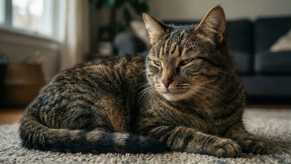 Gato idoso deitado tranquilamente em um sofá dentro de casa