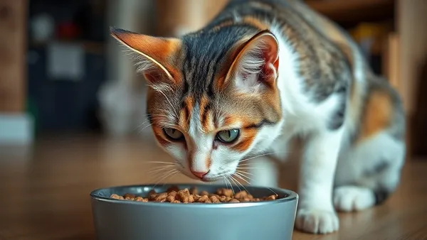 Gato adulto branco e cinza comendo de uma tigela cerâmica em ambiente doméstico iluminado