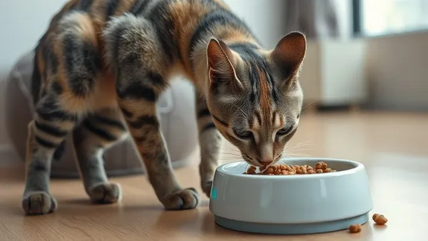 Gato adulto comendo ração úmida de uma tigela em ambiente interno