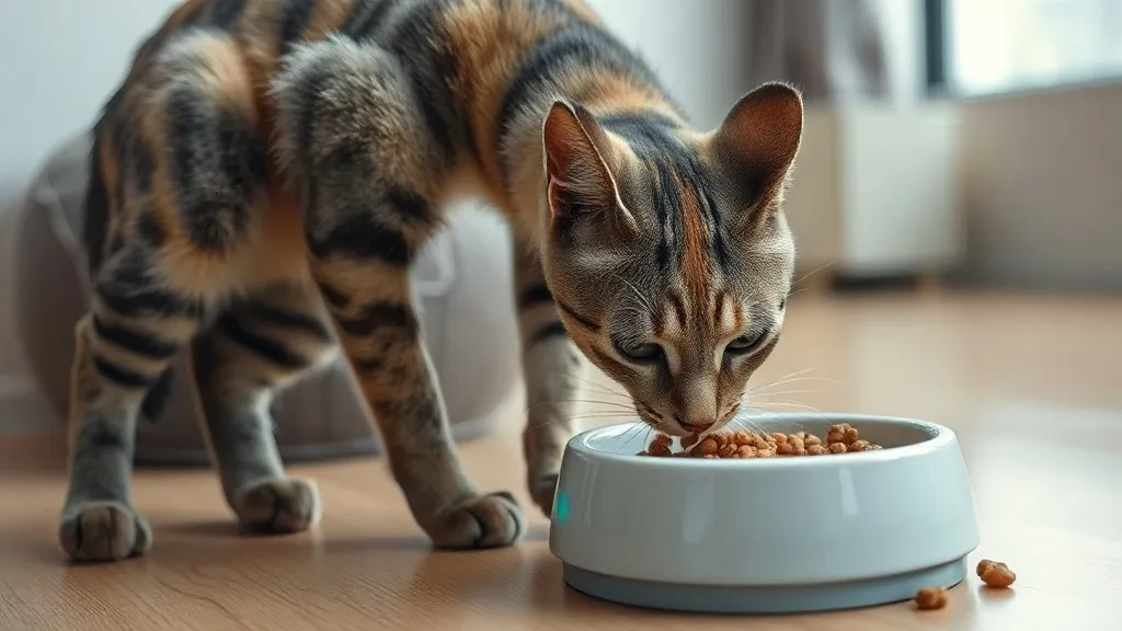Gato adulto comendo ração úmida de uma tigela em ambiente interno