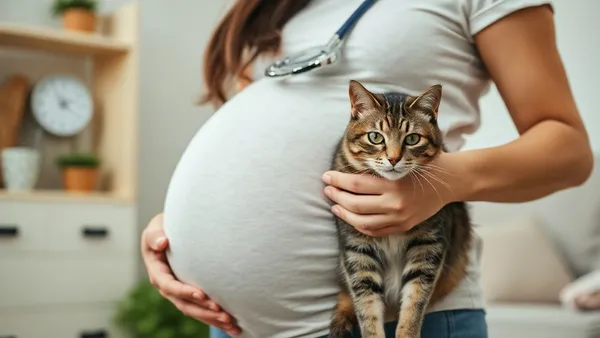 Mulher grávida sentada no sofá com um gato doméstico ao lado, em ambiente residencial iluminado e tranquilo