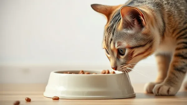 Gato adulto cheirando tigela de ração antes de comer, em ambiente doméstico