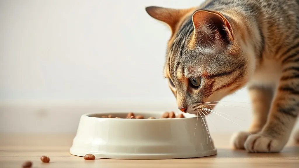 Gato adulto cheirando tigela de ração antes de comer, em ambiente doméstico