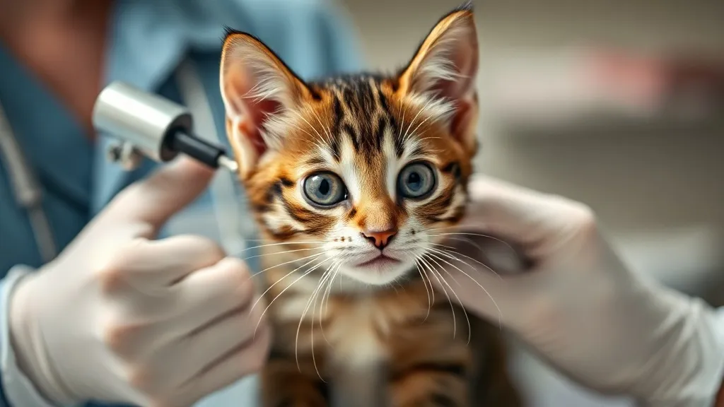 Filhote de gato sendo vacinado em clínica veterinária, veterinária com jaleco branco segurando seringa