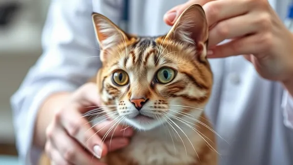 Gato deitado calmamente sobre mesa de exame durante consulta veterinária de rotina