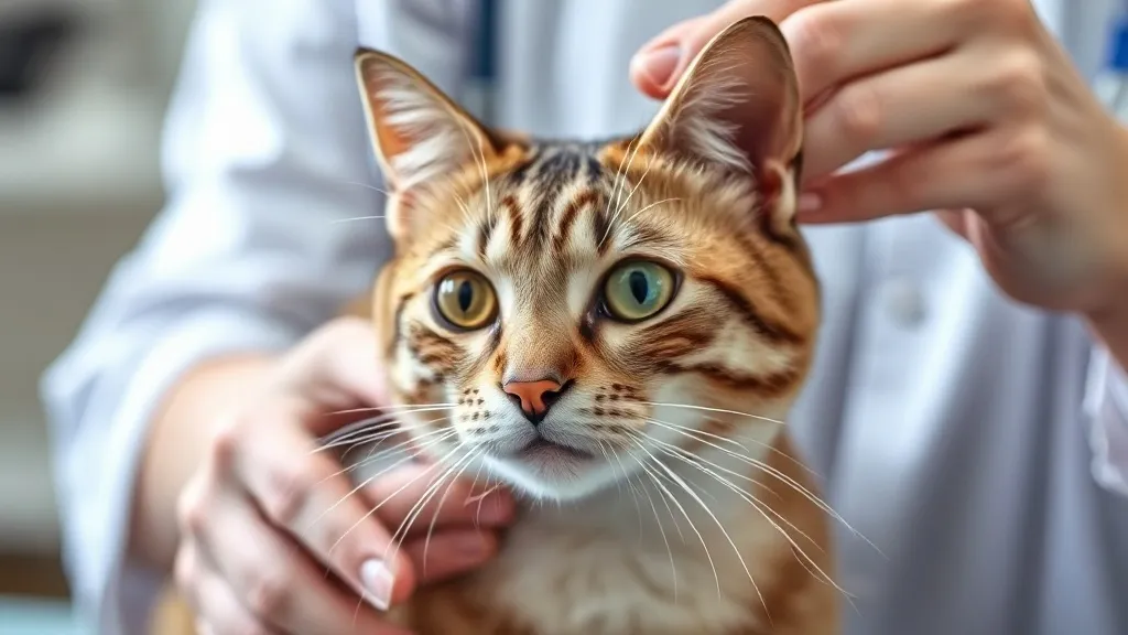 Gato deitado calmamente sobre mesa de exame durante consulta veterinária de rotina