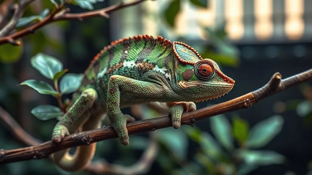 Camaleão veiled Chamaeleo calyptratus verde em galho dentro de viveiro com plantas vivas e névoa