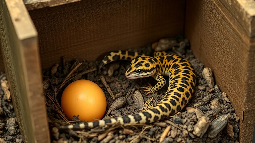 Caixa plástica com substrato úmido de vermiculita dentro de terrário, preparada como câmara de postura para gecko fêmea