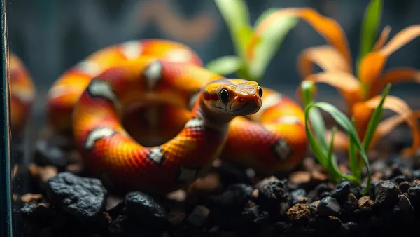 Cobra-de-milho laranja e vermelha sobre substrato natural dentro de terrário com galhos