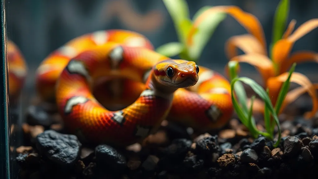 Cobra-de-milho laranja e vermelha sobre substrato natural dentro de terrário com galhos