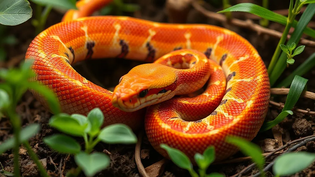 Cobra-do-milho Pantherophis guttatus enrolada em galho dentro de terrário com substrato e decoração natural