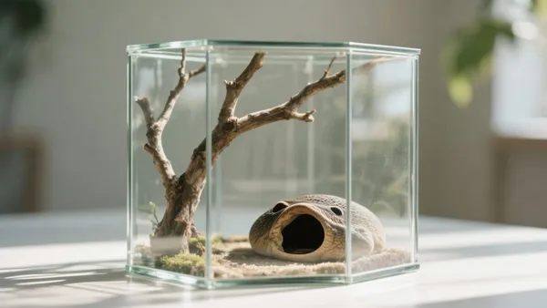 Terrário de vidro vazio e limpo, com galhos e esconderijo, sob luz natural