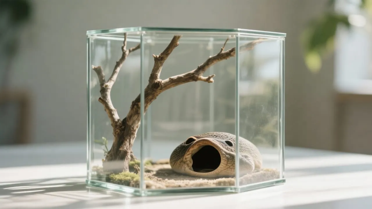 Terrário de vidro vazio e limpo, com galhos e esconderijo, sob luz natural