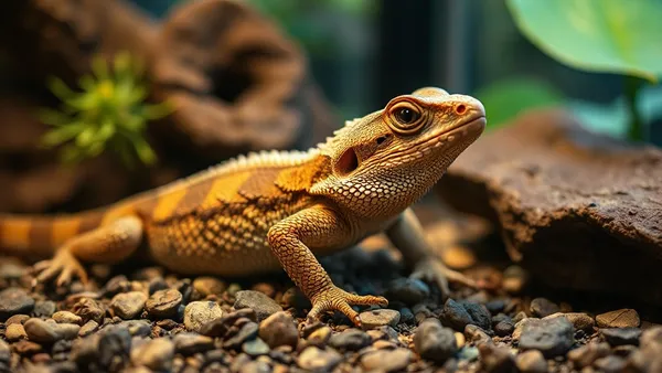 Dragão barbudo (Pogona vitticeps) em repouso sobre galho dentro de terrário com substrato e ponto de aquecimento