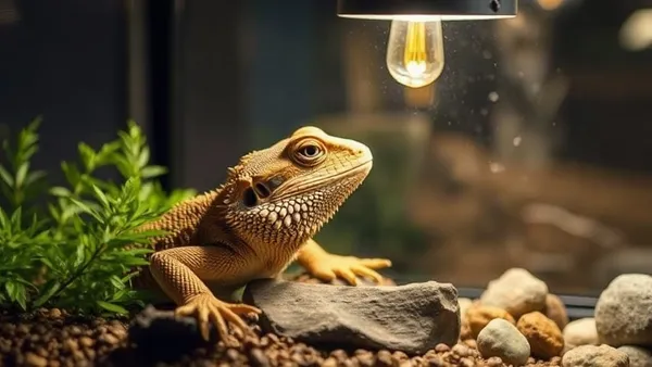 Dragão barbudo (Pogona vitticeps) aquecendo-se sob lâmpada de basking em terrário com substrato de pedra-sabão