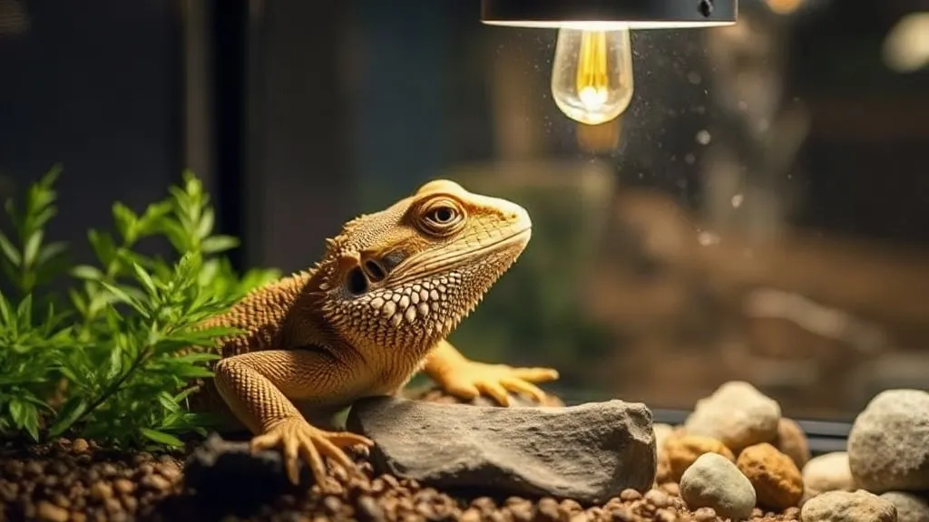 Dragão barbudo (Pogona vitticeps) aquecendo-se sob lâmpada de basking em terrário com substrato de pedra-sabão